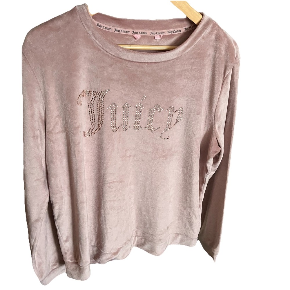 Juicy Couture Blush Pink Velour Bling Top Sleep Shirt Sz L Cozy Loungewear‎ Y2K